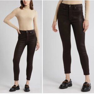 7 For All Mankind Black Coated Shimmer Ankle Skinny Raw Hem Jeans-28